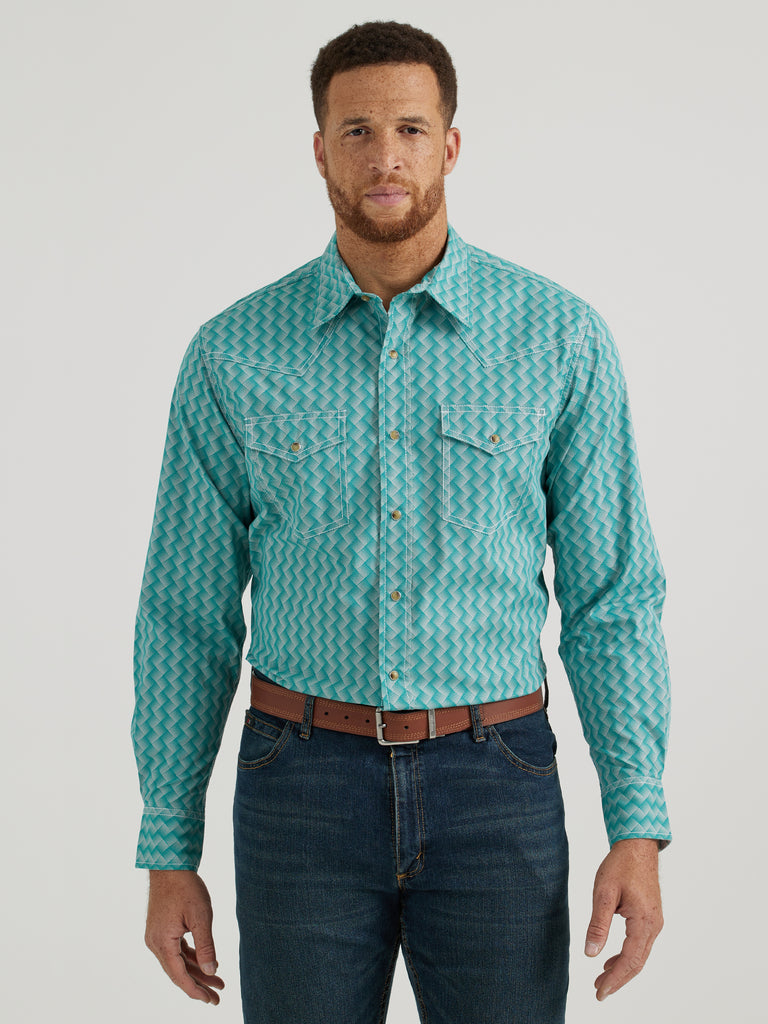 Men's Wrangler 20X Competition Advanced Comfort Green/White Weave Print  Western Snap Shirt