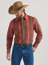 Pard's Western Shop Wrangler Men's Vibrant Rust Checotah Vertical Print Snap Western Shirt