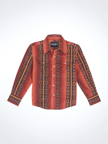 Pard's Western Shop Wrangler Boy's Vibrant Rust Checotah Vertical Print Snap Western Shirt