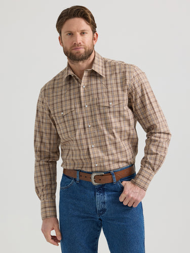 Pard's Western Shop Wrangler Wrinkle Resist Brown/Tan Plaid Western Snap Shirt for Men