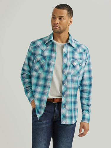 Pard's Western Shop Wrangler Retro Turquoise Multi Plaid Snap Western Shirt for Men