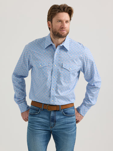 Pard's Western Shop Men's Wrangler 20X Competition Advanced Comfort Blue/Red Geometric Print Western Snap Shirt