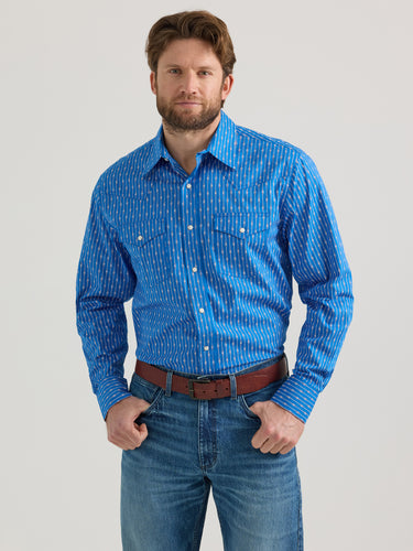 Pard's Western Shop Men's Wrangler 20X Competition Advanced Comfort Blue/White Vertical Print Western Snap Shirt