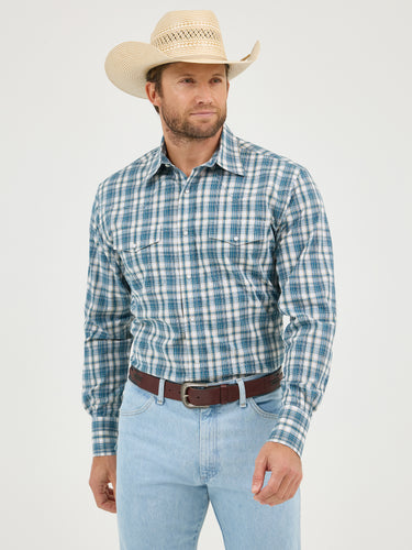 Pard's Western Shop Wrangler Wrinkle Resist Teal/White Plaid Western Snap Shirt for Men