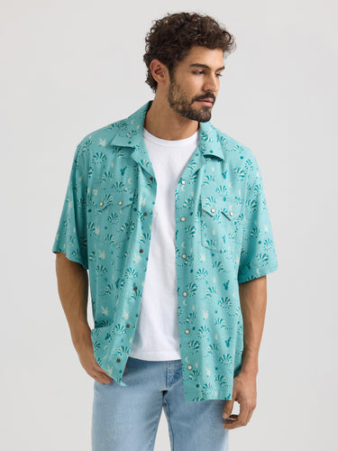 Pard's Western Shop Wrangler Men's Coconut Cowboy Turquoise Print Short Sleeve Snap Western Camp Shirt