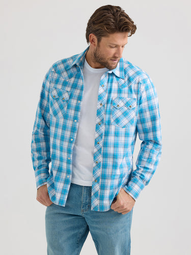 Pard's Western shop Wrangler Retro Bright Blue & White Plaid Western Snap Shirt for Men