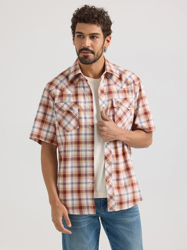 Pard's Western Shop Wrangler Retro Men's Maroon/Orange/White Plaid Short Sleeve Snap Western Shirt