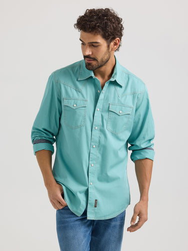 Pard's Western shop Wrangler Retro Premium Men's Solid Turquoise Snap Western Shirt