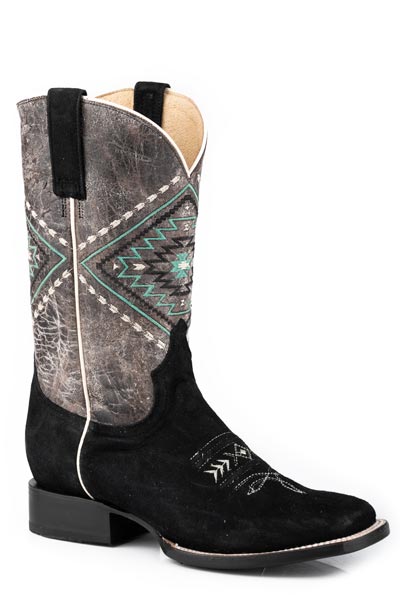 Pard's Western Shop Roper Footwear Ladies Black Suede Cheyenne Broad Square Toe Boots with Grey Southwest Embroidered Tops