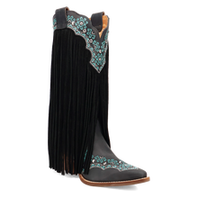 Pard's Western Shop Dingo Women's Tequila Sunrise Black Suede Snip Toe Western Boots with Fringe & Turquoise Stitching