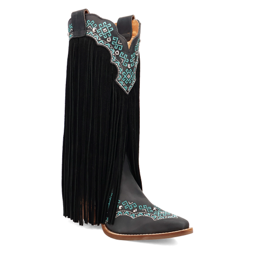 Pard's Western Shop Dingo Women's Tequila Sunrise Black Suede Snip Toe Western Boots with Fringe & Turquoise Stitching