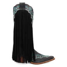 Dingo Women's Tequila Sunrise Black Suede Snip Toe Western Boots with Fringe & Turquoise Stitching