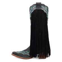 Dingo Women's Tequila Sunrise Black Suede Snip Toe Western Boots with Fringe & Turquoise Stitching