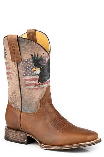 Pard's Western Shop Roper Footwear Men's Brown Square Toe Boots with Eagle & USA Flag Printed on Tops