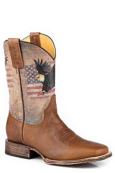 Pard's Western Shop Roper Footwear Men's Brown Square Toe Boots with Eagle & USA Flag Printed on Tops