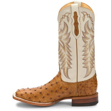 Justin Men's Pascoe Antique Saddle Full Quill Ostrich Broad Square Toe Boots with Bone White Tops