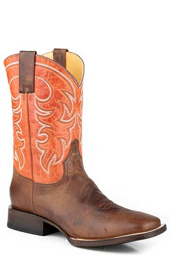 Pard's Western Shop Roper Footwear Men's Burnished Tan Wide Square Toe Boots with Orange Tops