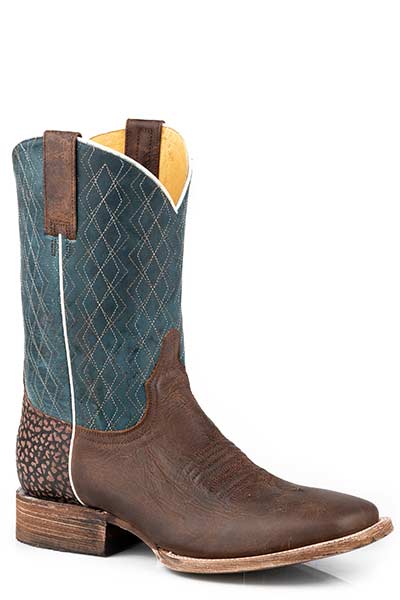 Pard's Western Shop Roper Footwear Men's Vintage Brown Broad Square Toe Boots with Blue Geometric Stitched Tops