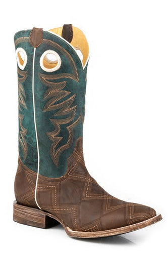 Pard's Western Shop Roper Footwear Men's Stitched Burnished Tan Broad Square Boots with Turquoise Tops