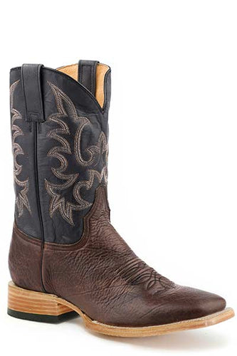 Pard's Western Shop Men's Stetson Cognac Bison Broad Square Toe Boots with Burnished Black Tops from Roper Footwear