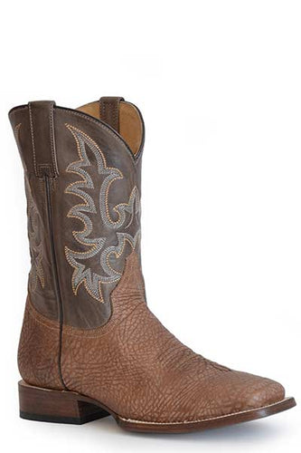 Pard's Western Shop Men's Stetson Cognac Bison Broad Square Toe Boots with Burnished Taupe Tops from Roper Footwear