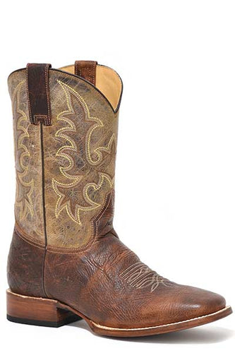 Pard's Western Shop Men's Stetson Cognac Bison Broad Square Toe Boots with Waxy Brown Tops from Roper Footwear