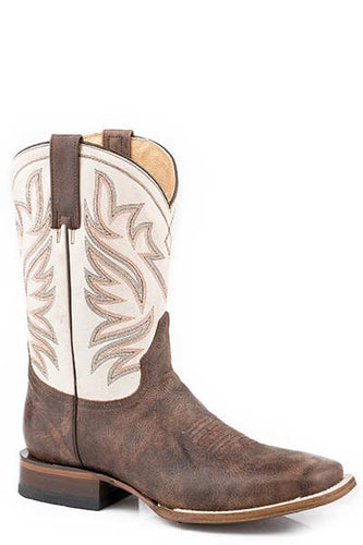 Pard's Western shop Roper Footwear Men's Burnished Brown Wide Square Toe Boots with Crackle White Tops
