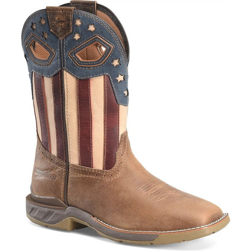 Pard's Western Shop Double H Men's Brown Fortitude Broad Square Toe Roper Boots with Stars & Stripes Tops