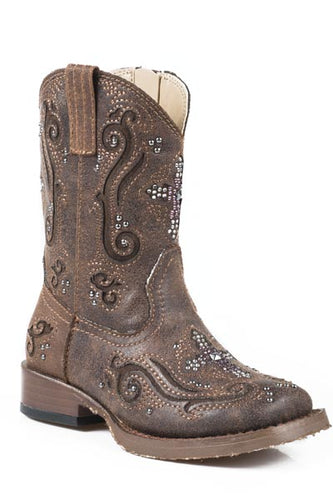 Pard's Western Shop Roper Footwear Toddlers Brown Bling Cross Square Toe Boots with Crystal Underlay