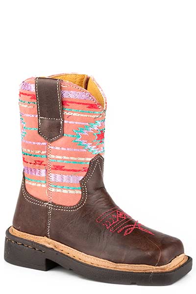 Pard's Western Shop Roper Footwear Brown Square Toe Boots with Pink Aztec Embroidered Tops for Toddlers