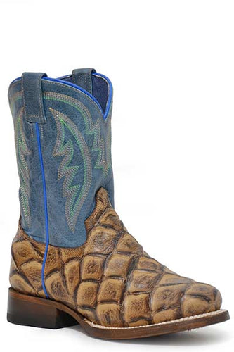 Pard's Western Shop Roper Footwear Embossed Tan Pirarucu Square Toe Boots with Blue Tops for Children