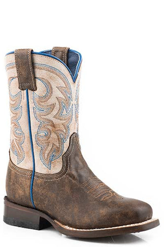 Pard's Western Shop Roper Footwear Vintage Brown Square Toe Boots with Cream Tops for Kids