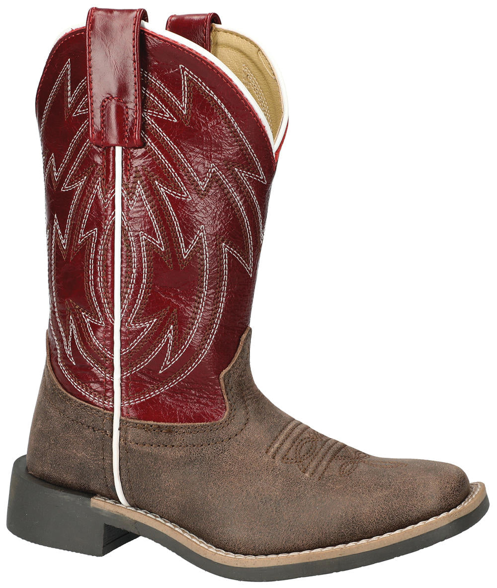 Pard's Western Shop Smoky Mountain Boots Distressed Brown Square Toe Nomad Boots with Burgundy Tops for Kids