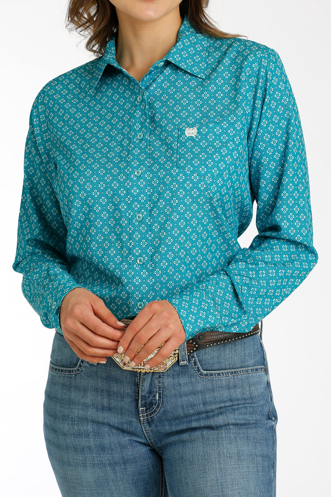 Pard's Western Shop Women's Teal/Cream Geometric Print Button-Down ArenaFlex Cinch Blouse