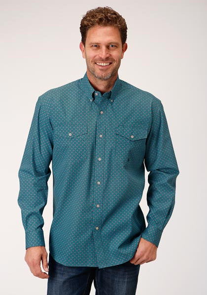 Roper Apparel Teal Purple Geometric Print Button Down Shirt for Men Pard s Western Shop