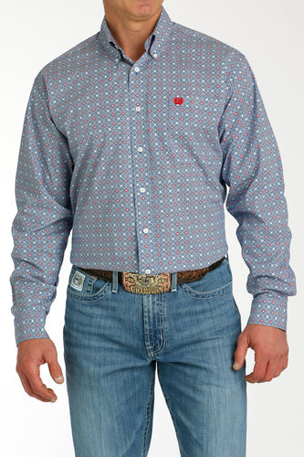 Pard's Western Shop Cinch Royal Blue/White/Red Print Button-Down Stretch Shirt for Men