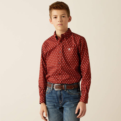 Pard's Western shop Ariat Pax Classic Fit Burgundy Diamond Print Button-Down Shirt for Boys