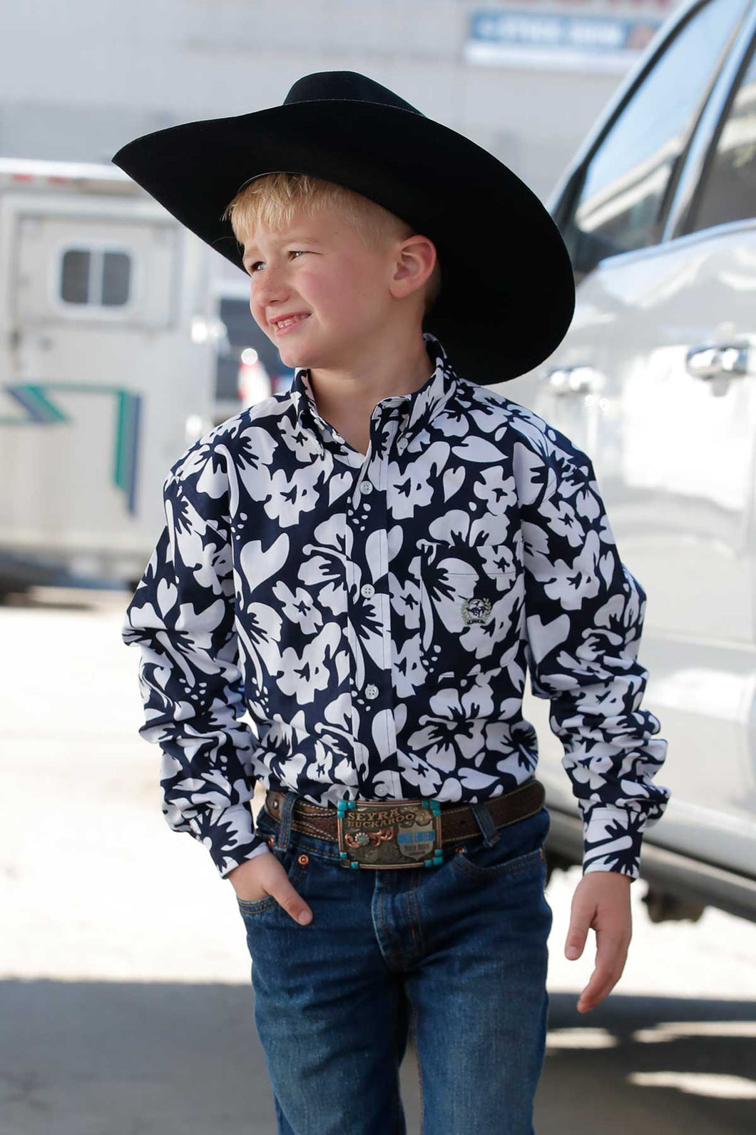 Pard's Western Shop Cinch Boys Navy/White Hibiscus Print Button-Down Shirt