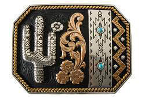 Pard's Western Shop Blazin Roxx Multi Finish Southwest Cactus Buckle with Turquoise Accent