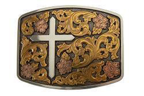 Pard's Western Shop Nocona Antique Brass/Copper Floral Rectangle Buckle with Antique Silver Cross