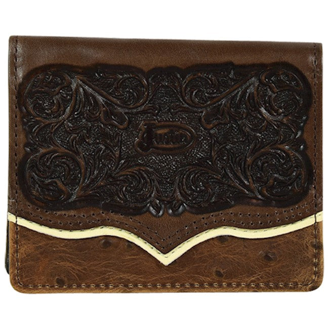 Pard's Western Shop Justin Brown Tooled & Ostrich Print Front Pocket Bifold Wallet