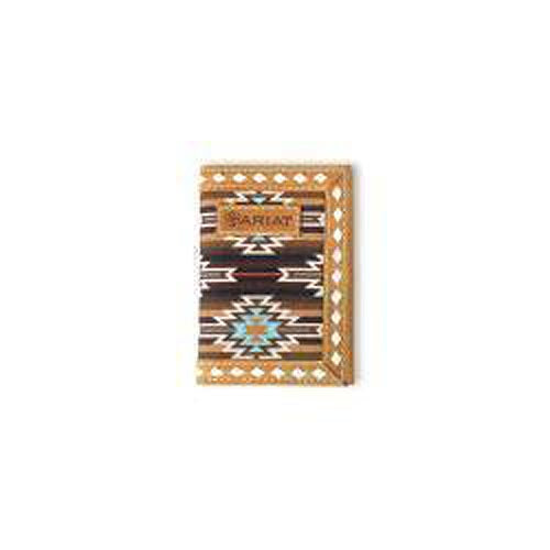 Pard's Western shop Ariat Tan Trifold Wallet with Multi Colored Southwestern Pattern Fabric Inlay