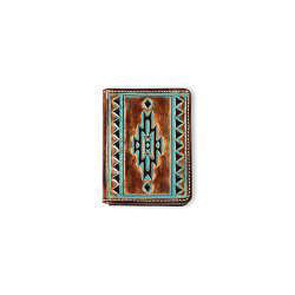 Pard's Western Shop Ariat Brown Leather Bifold Wallet with Embossed Southwest Pattern Trimmed in Turquoise