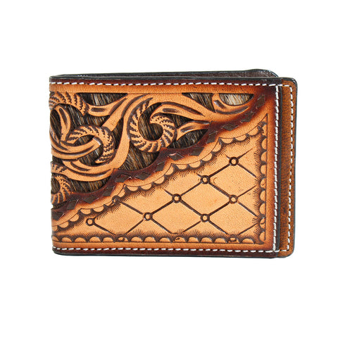 Pard's Western Shop 3D Tan Tooled Bifold Money Clip with Calf Hair Underlay