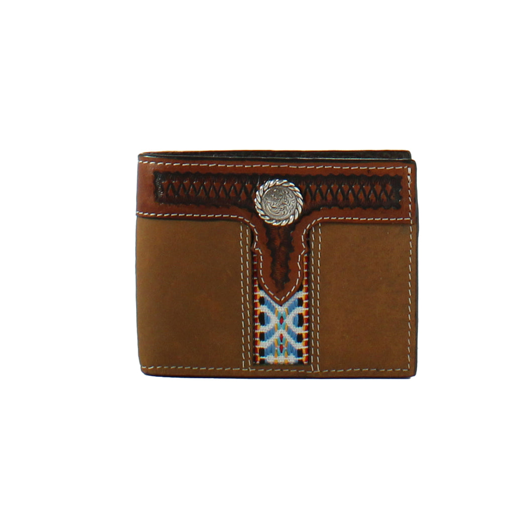 Pard's Western Shop 3D Brown Bifold Wallet with Basket Stamp Tooling and Blue Aztec Ribbon Inlay