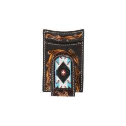 Pard's Western Shop 3D Brown Floral Tooled Money Clip with Embroidered Inlay