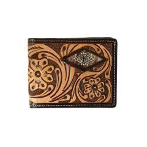 Pard's Western Shop 3D Brown Floral Tooled with Calf Hair Underlay Bifold Wallet with Passcase 