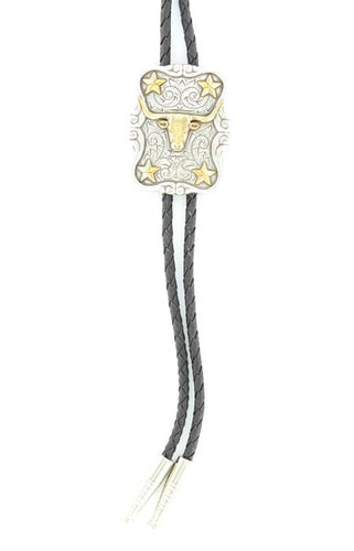 Pard's Western Shop Double S Silver/Gold Tone Longhorn & Stars Bolo Tie 