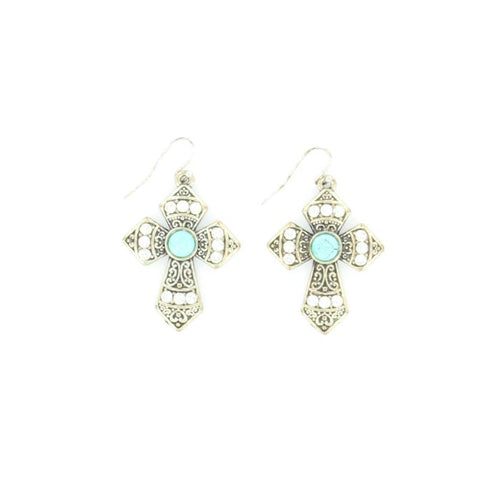 Blazin Roxx Silver Cross Earrings with Turquoise Colored Stone Center
