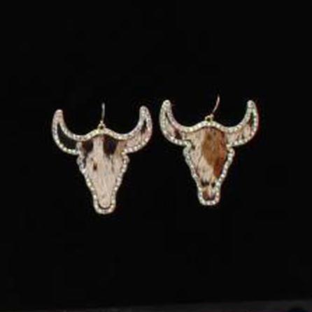 Pard's Western Shop Silver Strike Steer Head Earrings with Calf Hair Inlay & Outlined in Crystals